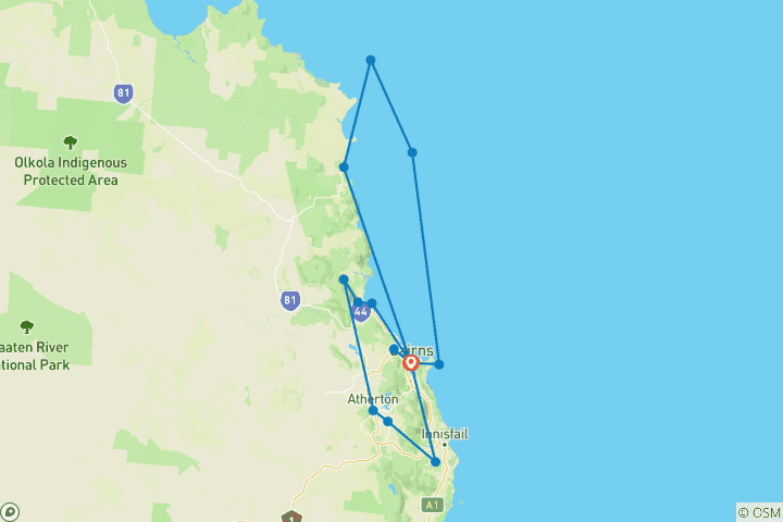 Carte du circuit Découverte de la Grande Barrière de Corail avec les points forts du Queensland tropical Cairns → Cairns (2025)
