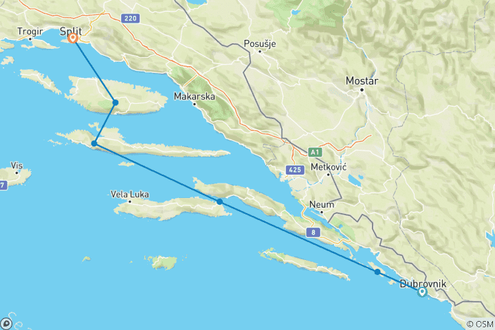 Carte du circuit Adriatic Adventure Dubrovnik → Split (2026)