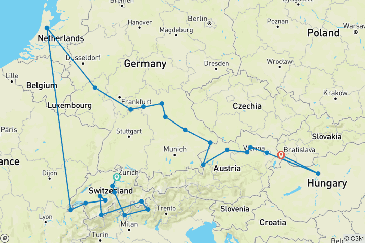 Map of Switzerland by Rail with Magnificent Europe Zurich → Budapest (2026)