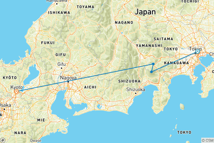 Carte du circuit Japon central fini à Kyoto (4 destinations)