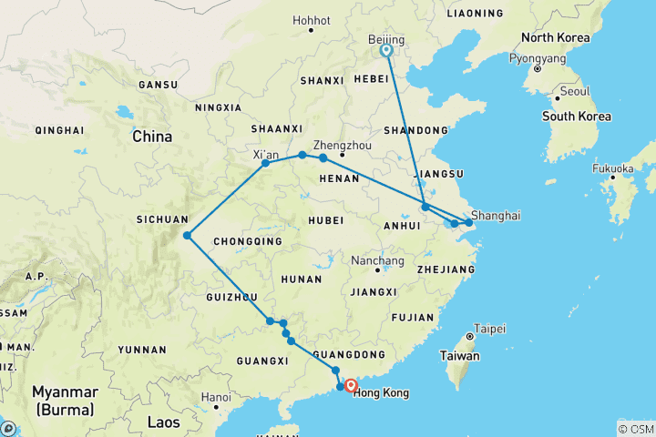 Map of Golden Triangle and South of China end Hong Kong (16 destinations)