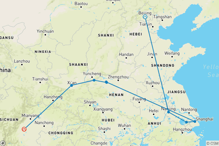 Map of Golden Triangle in China and Chengdu (9 destinations)