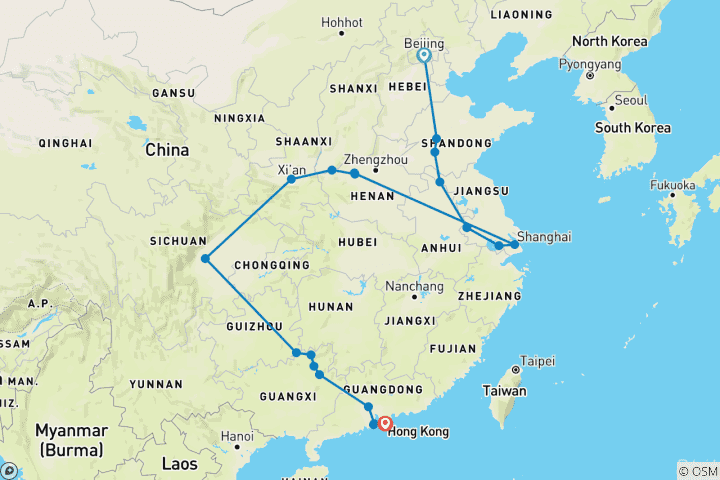 Map of Northern and southern China end Hong Kong (20 destinations)