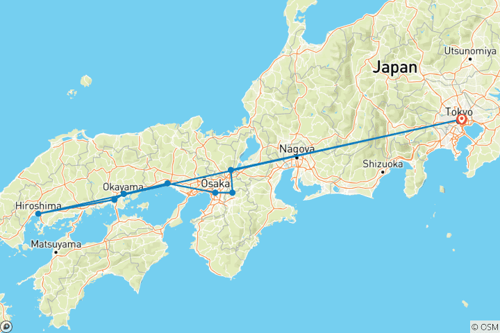 Map of Tokyo, Kyoto and Hiroshima end Tokyo (9 destinations)