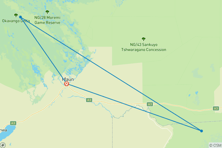 Mapa de Únete a Nuestro Safari Todo Incluido de 4 Días por Boteti, Pans y Delta
