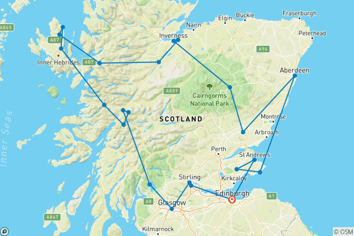 Map of Grand Tour of Scotland – 14-Day Journey through History and Beauty (23 destinations)