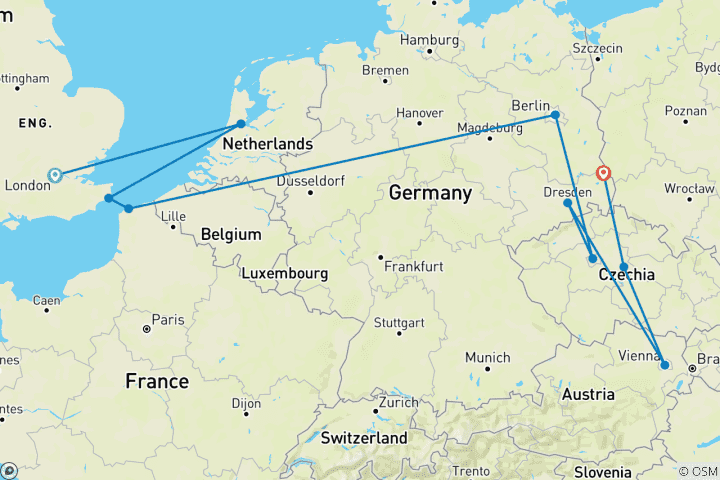 Map of London to Vienna Trail (Summer, Start London, Classic, 8 Days)