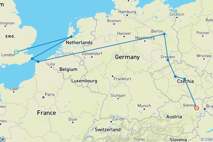 Map of London to Vienna Trail (Winter, Start Amsterdam, Classic, 8 Days)