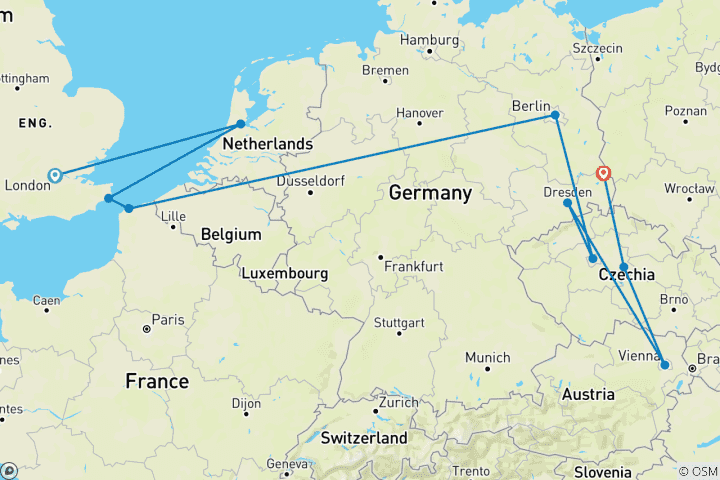 Map of London to Vienna Trail (Standard, Start Amsterdam, Gap 18-22)