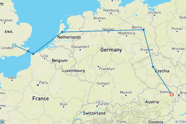 Map of London to Vienna Trail (Start Amsterdam, Gap, 8 Days)