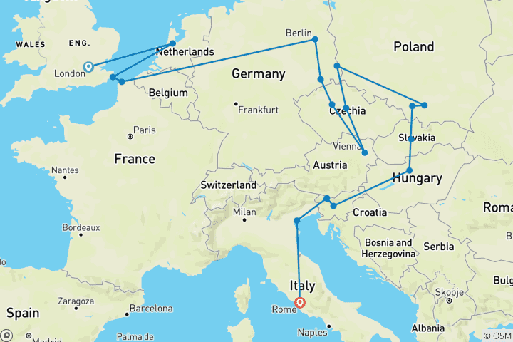 Map of London to Rome Trail (Summer, Start Amsterdam, Classic, 16 Days)