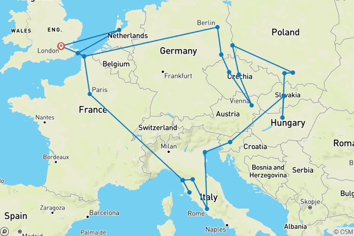 Map of European Trail (Winter, Start London, Classic, 23 Days)