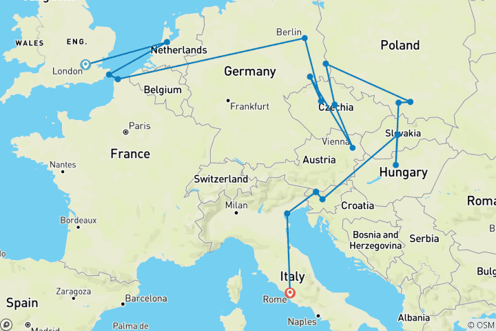 Map of London to Rome Trail (Standard, Start Amsterdam, Gap 18-22)