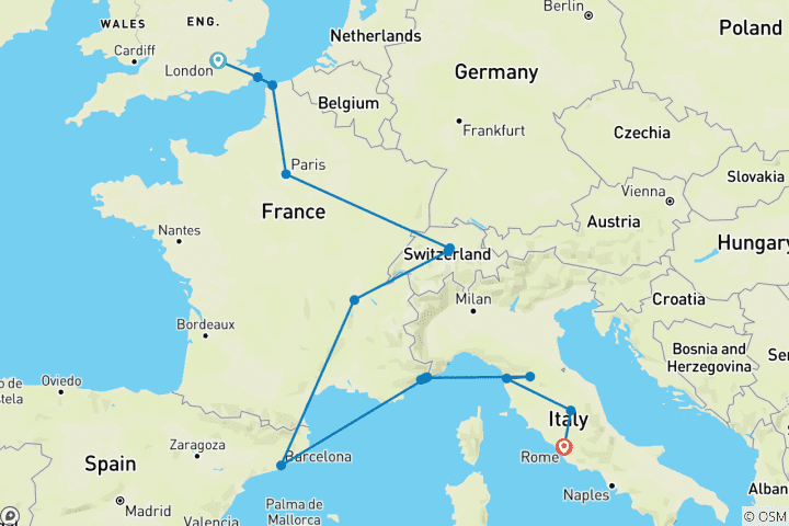 Map of London to Rome Wanderer (Start Paris, 13 Days)