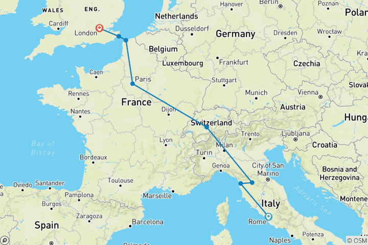 Map of Rome to London Trail (Gap, 8 Days)