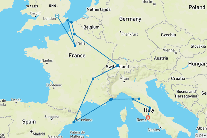 Map of London to Rome Wanderer (Start London, 13 Days)