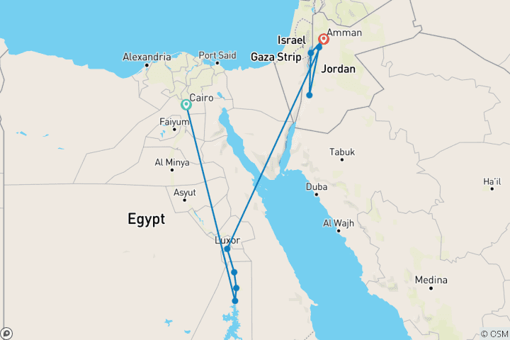 Map of 14 Day Luxury Classic Egypt & Jordan with 4 Day Nile Cruise