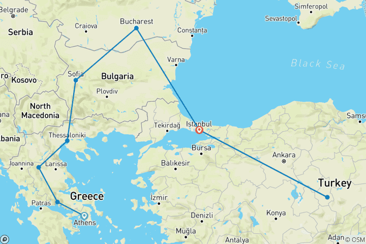 Map of Athens to Cappadocia thru Bucharest and Istanbul - 3FLIGHTS INCLUDED