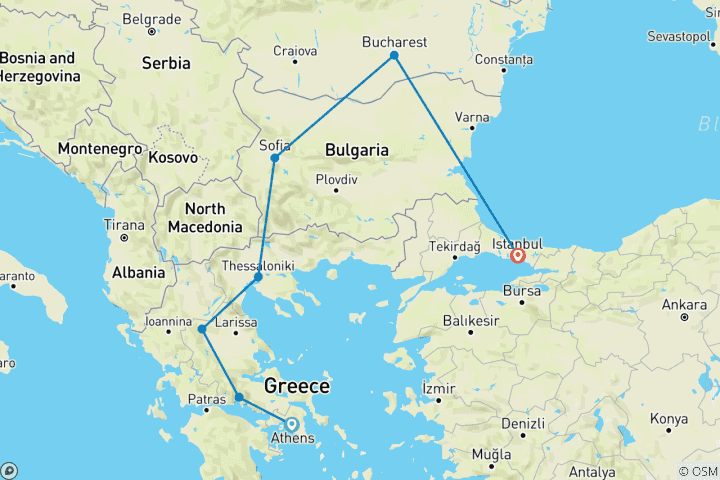 Map of Athens to Istanbul thru Bucharest - Discovering Ancient Wonders 1 FLIGHT INCLUDED