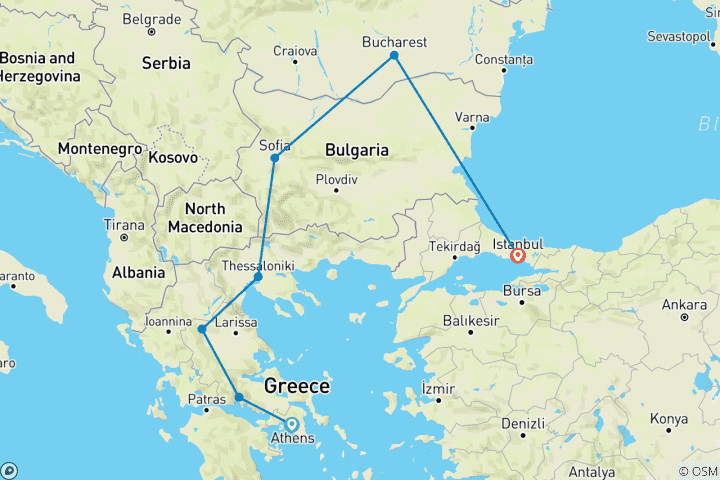 Kaart van Athene naar Istanbul via Boekarest - Ontdek de wonderen van de oudheid 1 VLUCHT INBEGREPEN - Kleine Groepsreis