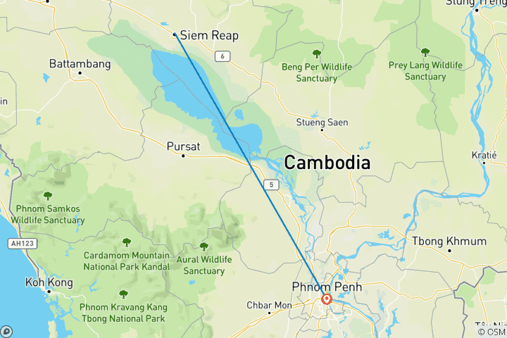 Map of The Ultimate Cambodia: 6 Days Siem Reap to Phnom Penh Journey