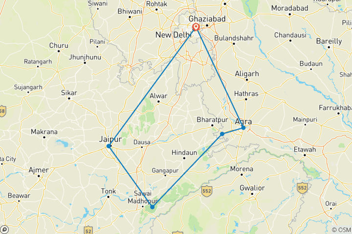 Kaart van 6 nachten Gouden Driehoek met tijger (Delhi &gt; Agra &gt; Ranthambore &gt; Jaipur)