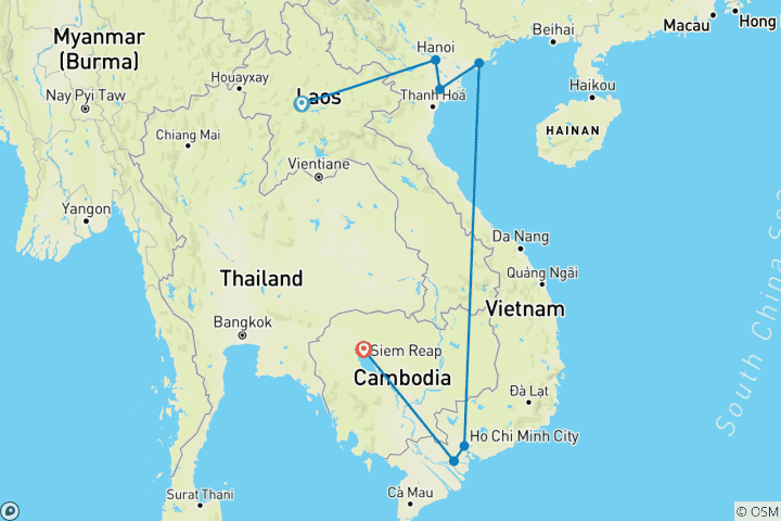 Map of Laos Vietnam Cambodia Odyssey in 13 days