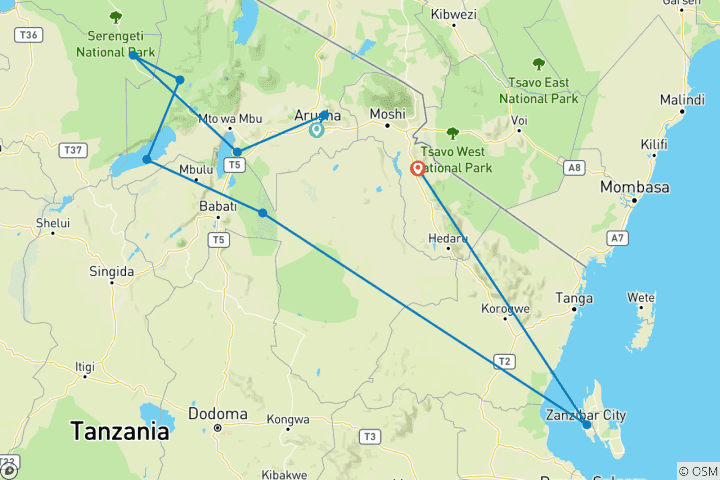 Map of 19-DAY TANZANIA NORTHERN PARKS AND ZANZIBAR BEACH HOLIDAY