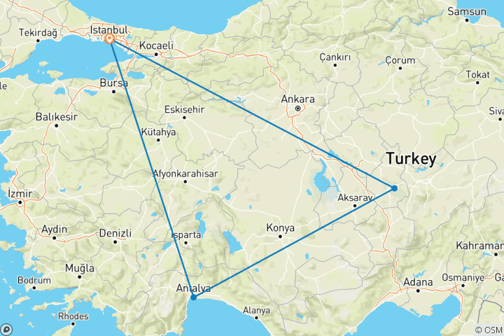 Map of 7 Days Istanbul, Cappadocia and Antalya Tour