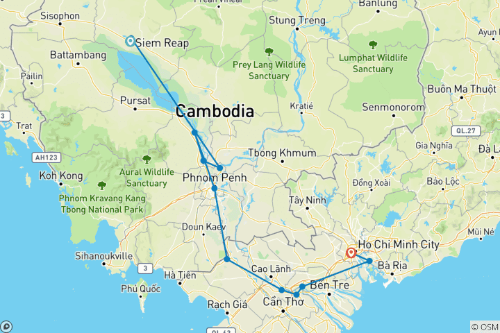 Map of From the Angkor Temples to the Mekong Delta (port-to-port cruise) (12 destinations)