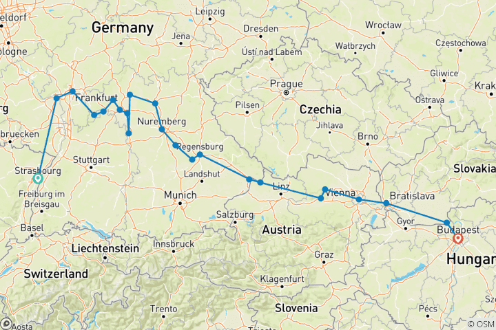 Map of Trans-European cruise from Strasbourg to Budapest (port-to-port cruise) (23 destinations)