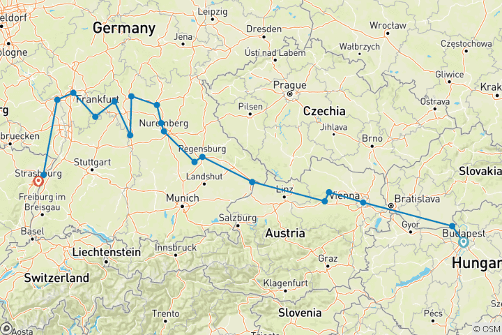 Map of Trans-European cruise from Budapest to Strasbourg (port-to-port cruise) (19 destinations)