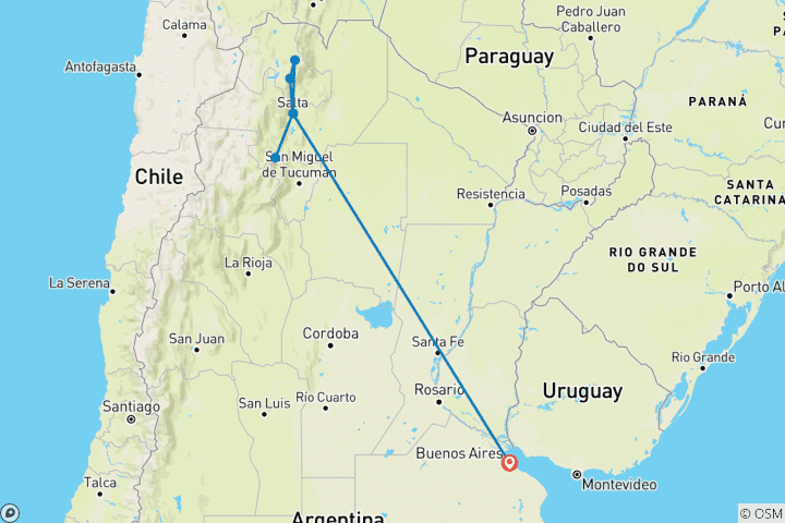 Map of 5-Days Discover Salta & Jujuy: Humahuaca, Salinas grandes & Cafayate with Optional Airfare