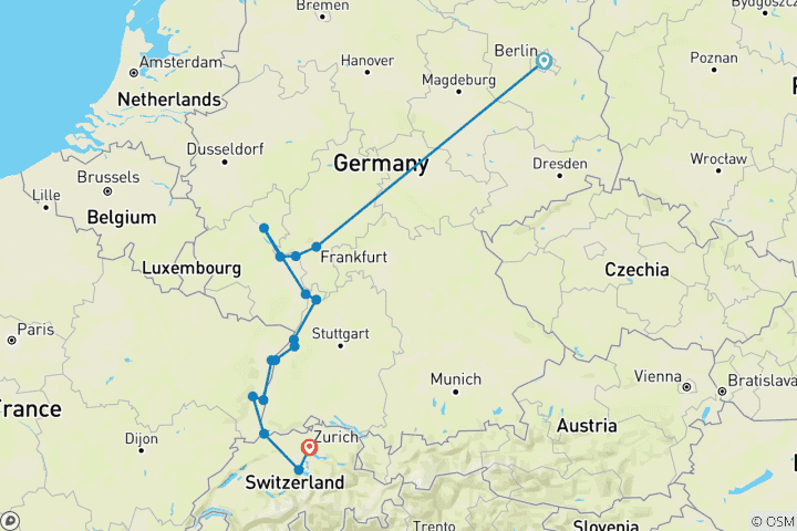 Map of Berlin to Zurich & The Majestic Rhine 2026