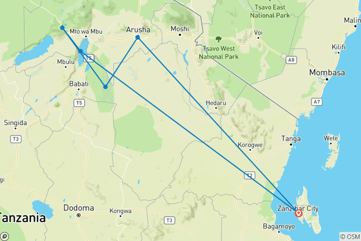 Map of 3-Day Adventure in Tarangire, Ngorongoro Crater and Manyara Fly from Zanzibar