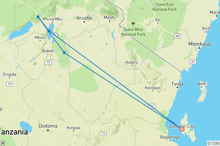 Map of 3-Day Fly in Tarangire, Ngorongoro and Lake Manyara from Zanzibar – Luxury