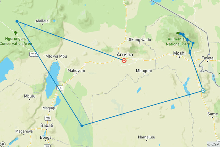 Map of 6 Days Marangu Route + 2 Days Safari Private Trip