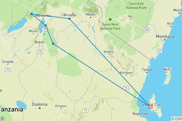 Map of 3-Day Fly in, Fly out to Tarangire, Manyara & Ngorongoro from Zanzibar