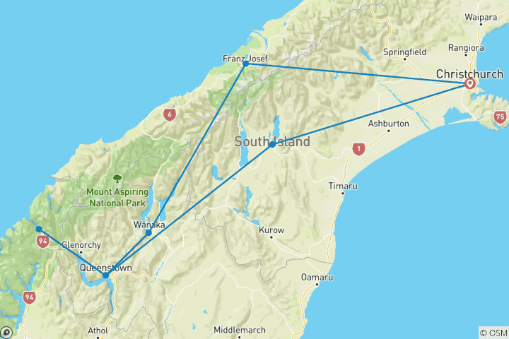 Mapa de Aventura económica en la Isla Sur - 7 días