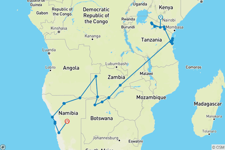 Map of Africa Family Overland (29 Days)