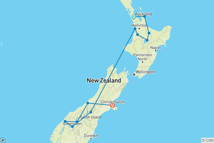 Map of Budget Kiwi Adventure From Auckland - 14 days