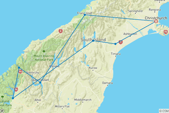 Map of Christchurch to Milford Sound & Franz Josef - 7 days