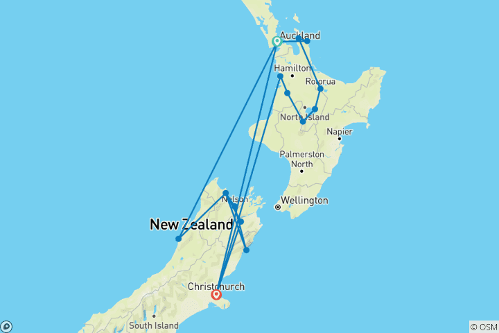 Carte du circuit Budget Auckland, Abel Tasman & Christchurch - 14 jours