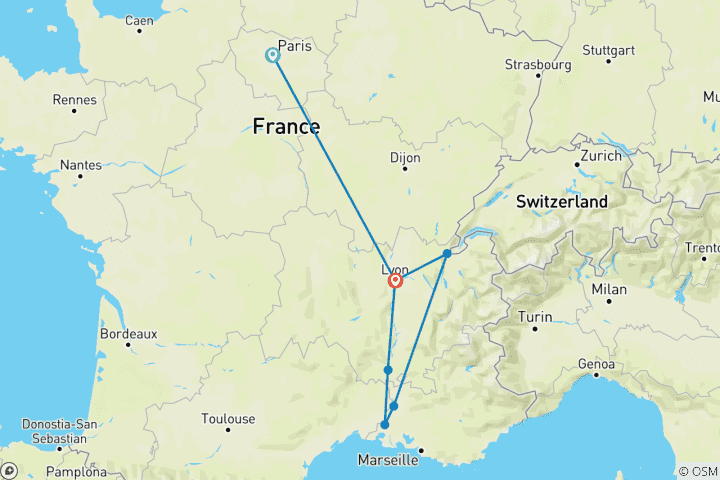 Map of Romantic Rhone with Paris Paris to Lyon (2025)