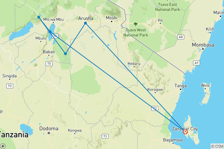 Map of 3-Day Mid-range Trip from Zanzibar to Northern Tanzania