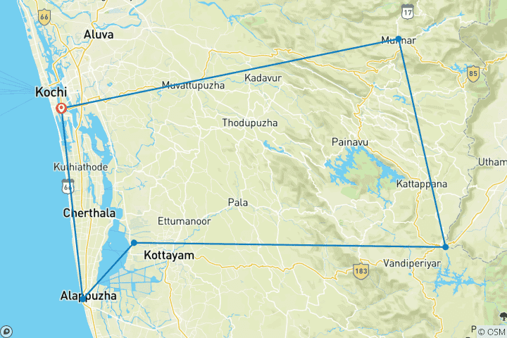 Map of Exotic Kerala Backwater Tour