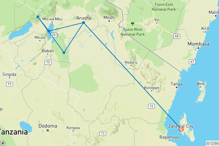 Map of 3-Day Safari to Ngorongoro, Tarangire & Manyara from Zanzibar