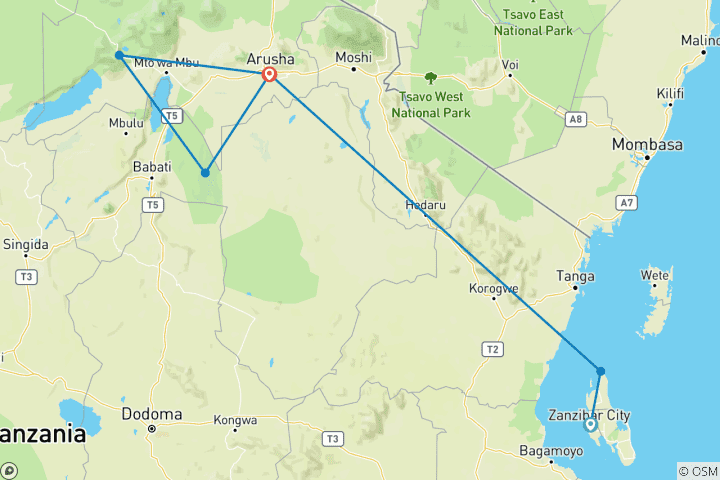 Map of 5-Day 2-night in Zanzibar Beach and 2-night in Tarangire and Ngorongoro