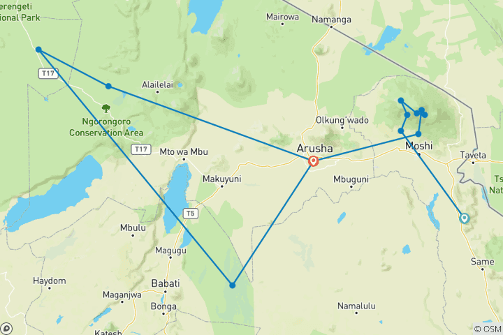 Map of 12-Day Climbing to Mount Kilimanjaro and Safari Tour in Tanzania.