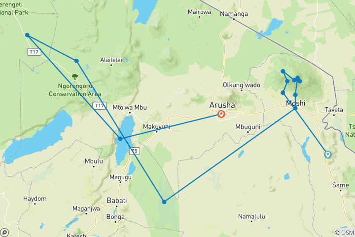 Map of 14-Day Trekking to Mount Kilimanjaro with Serengeti and Ngorongoro Safari.